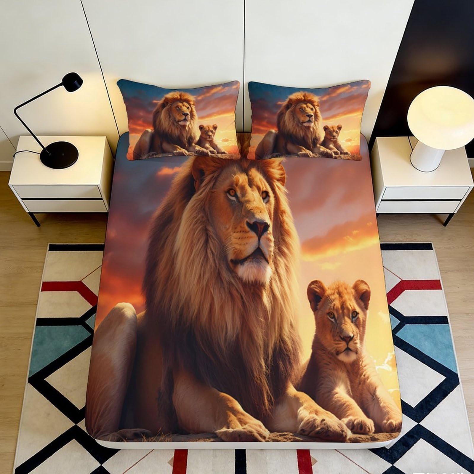 3D Printed Lion Sunset Fitted Sheet Microfiber Soft Durable Lion Cub Bed Cover for Bedroom Dormitory Guest Room Mattress Protection Decor 200x200x25cm