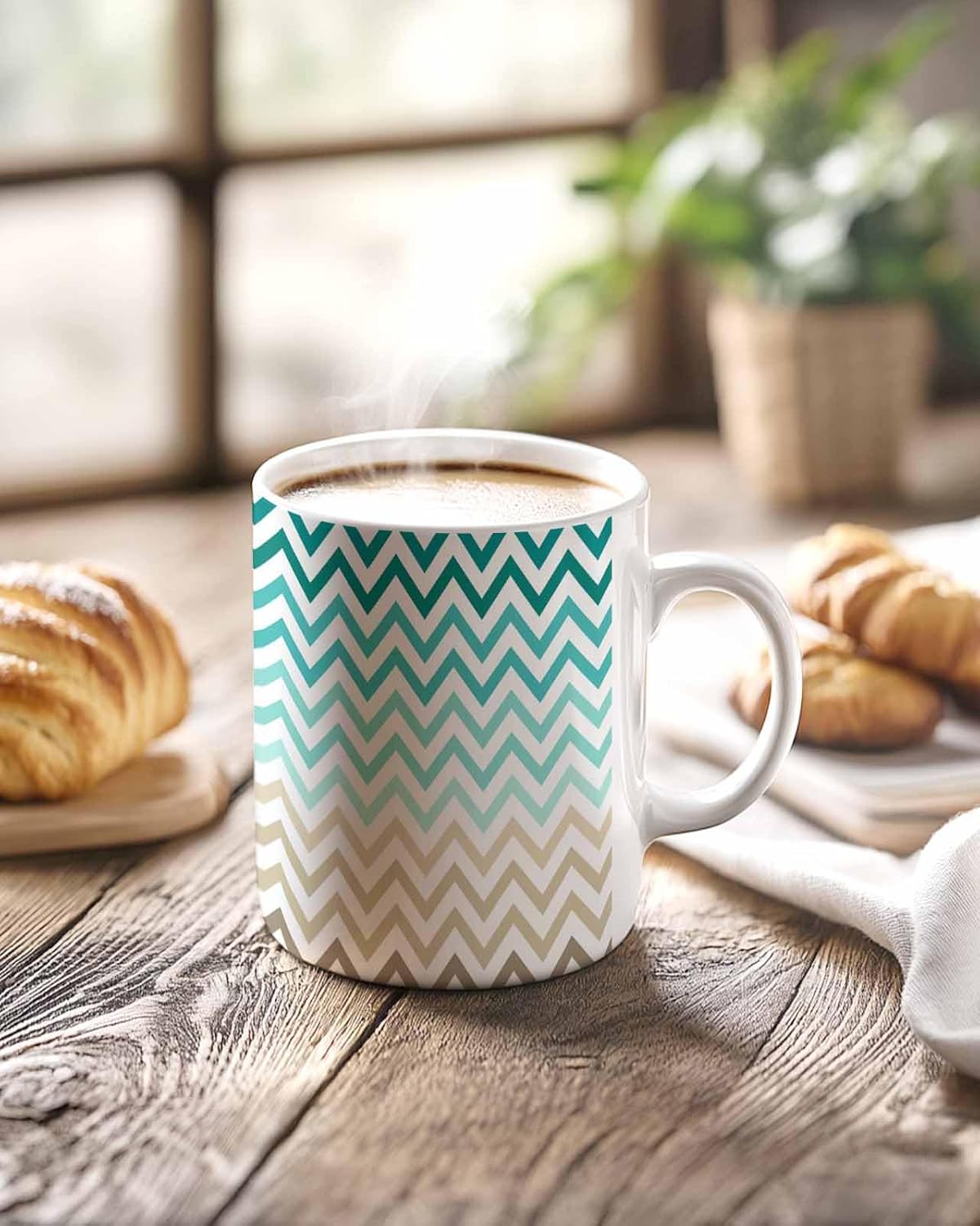 BEMIGO Ceramic Coffee Mug Zigzag Ceramic Mug White Cup, Teal Brown Stripes Insulated Coffee Cup with Handle with Pattern Perfect for Tea and Hot Beverages, 12oz