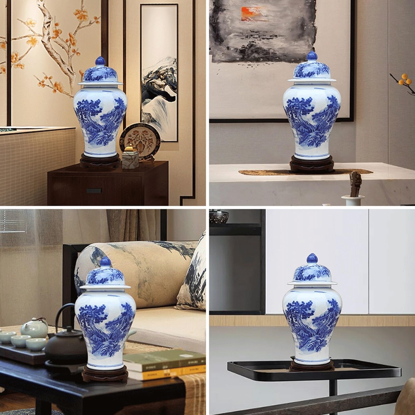 EYPKPL Porzellan-Ingwerglas mit Deckel, blaues und weißes Tempelglas, chinesisches Landschaftsmuster, Keramikglasvase mit Sockel, Vorratsglas, traditionell