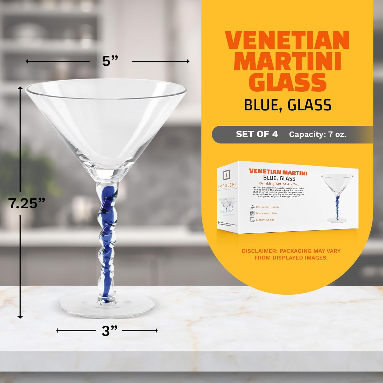 IMPULSE! Venetian Martini Glasses – Set of 4, Blue | Elegant Glassware for Classic & Modern Martinis: Dirty, Espresso, Appletinis, Cosmopolitans & More!