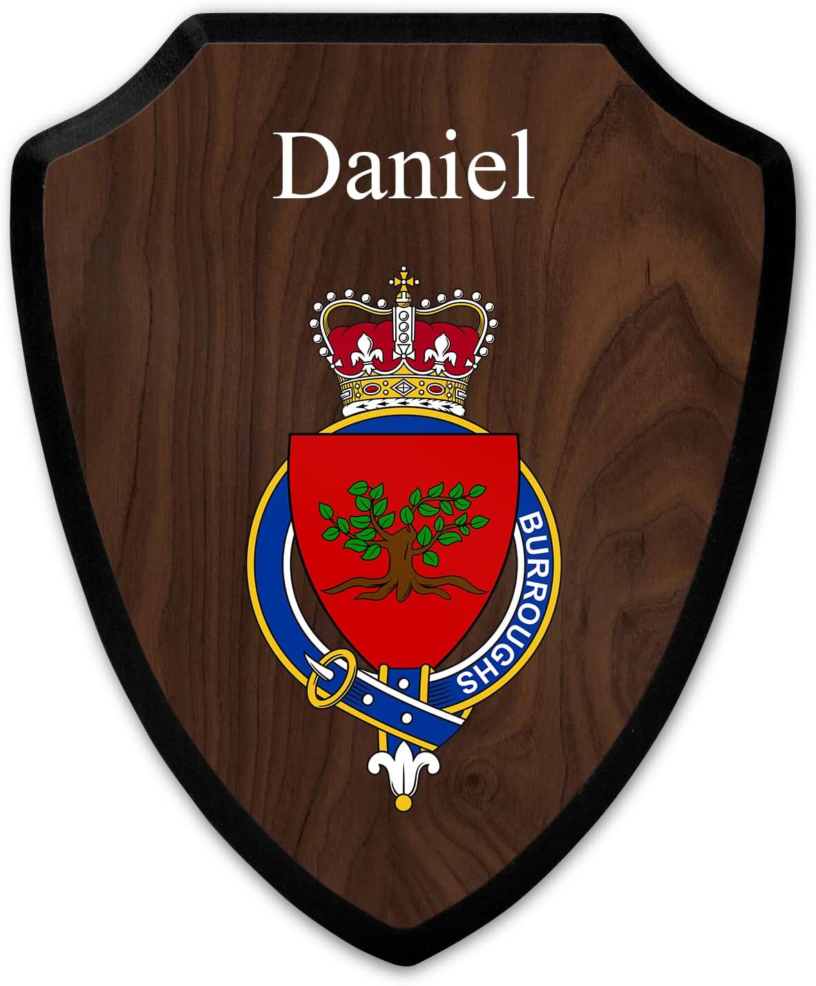 HARD EDGE DESIGN Family Coat of Arms Heritage Shield Plaque, Scottish Garter Family Grant with Dark Wood Background