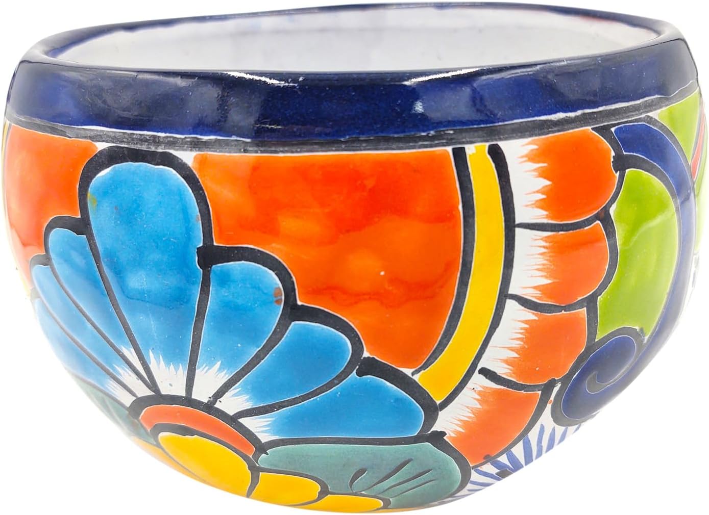 Cactus Canyon Ceramics Talavera Ceramic Planter, Hand-Painted Mexican Floral Print Plant Pot, Indoor Outdoor Round Bowl with Drainage Hole, Rustic Terracotta Decor, 8.5 Inch, Dark Blue Multicolor