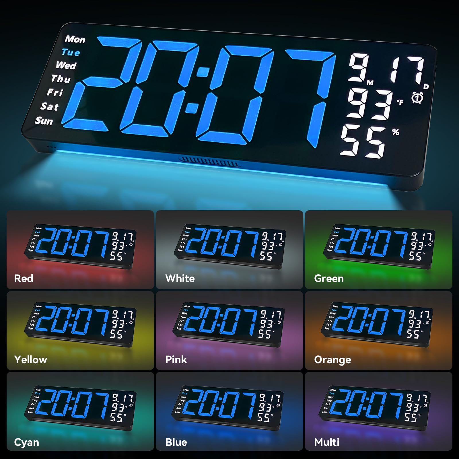 Digitale Wanduhr, großes Display, 43,9 cm (17,3 Zoll) Digitaluhr mit RGB-Farb-Fernbedienung, automatische Dimmung, große Wanduhr mit Nachtlicht, automatische DST, Datum, Woche, Temperatur für