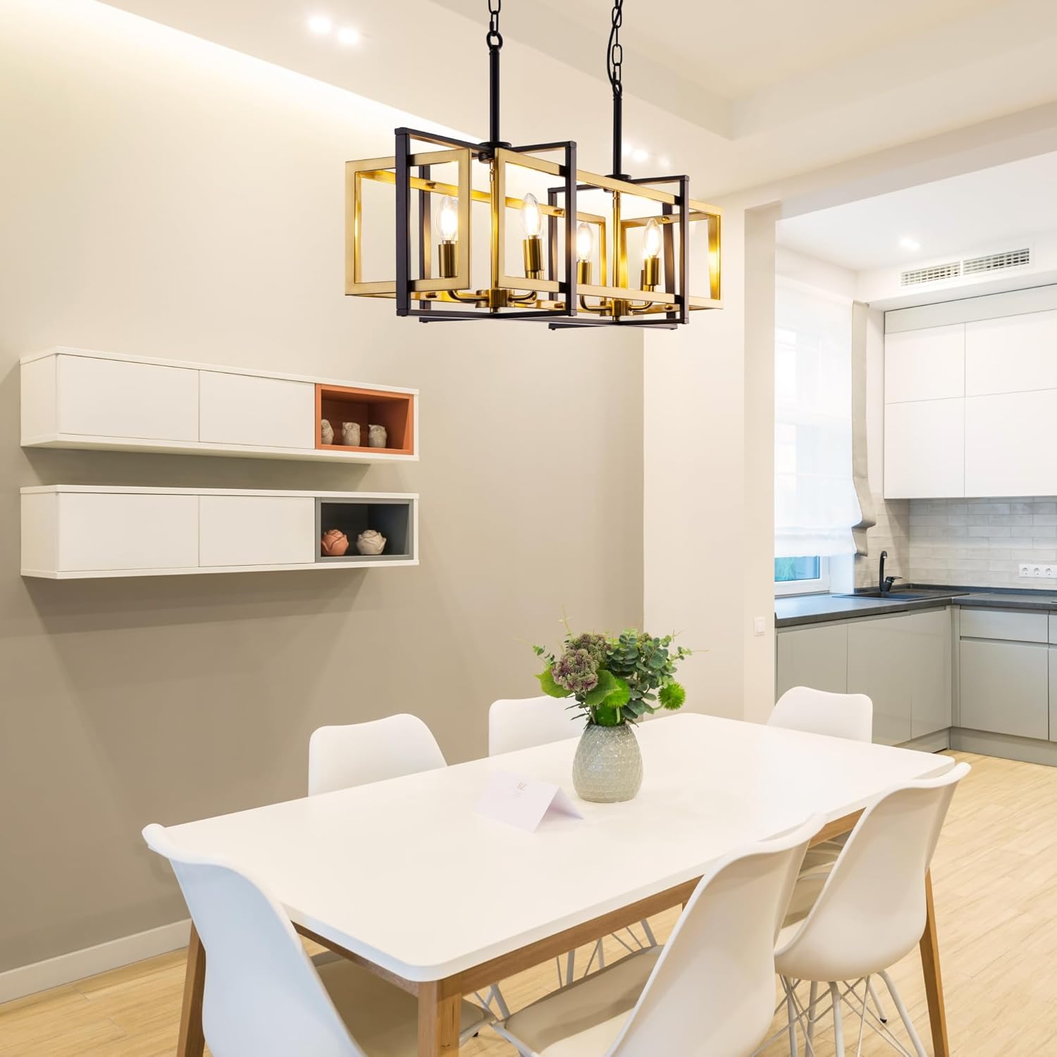 TOCHIC 8-Light Kitchen Island Lighting Black and Gold Rectangular Farmhouse Chandelier, Modern Linear Chandelier Island Lights for Kitchen, Kitchen Island, Dining Room, 36'' L