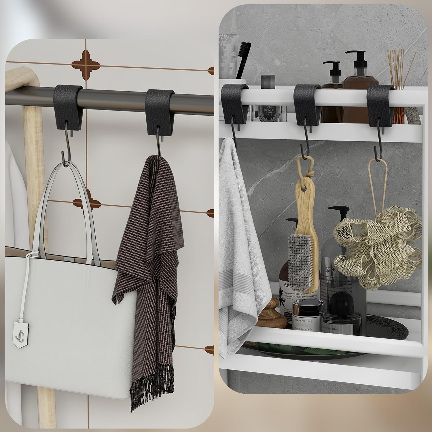 Cofvetia 15 stuks haken met leren lus, S-haken, kledinghaken, metalen haken, 12,5 x 3 cm, haak om op te hangen, multifunctionele haak met leren lus, campinghaak voor garderobe (wit