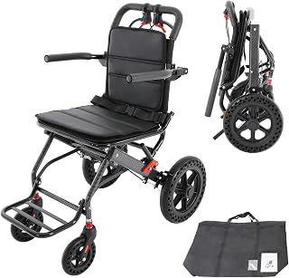 Silla de ruedas plegable de viaje, silla de ruedas de tránsito con reposapiés y reposabrazos giratorios de 270°, ligera, de aluminio, para adultos mayores, hasta 100 kg