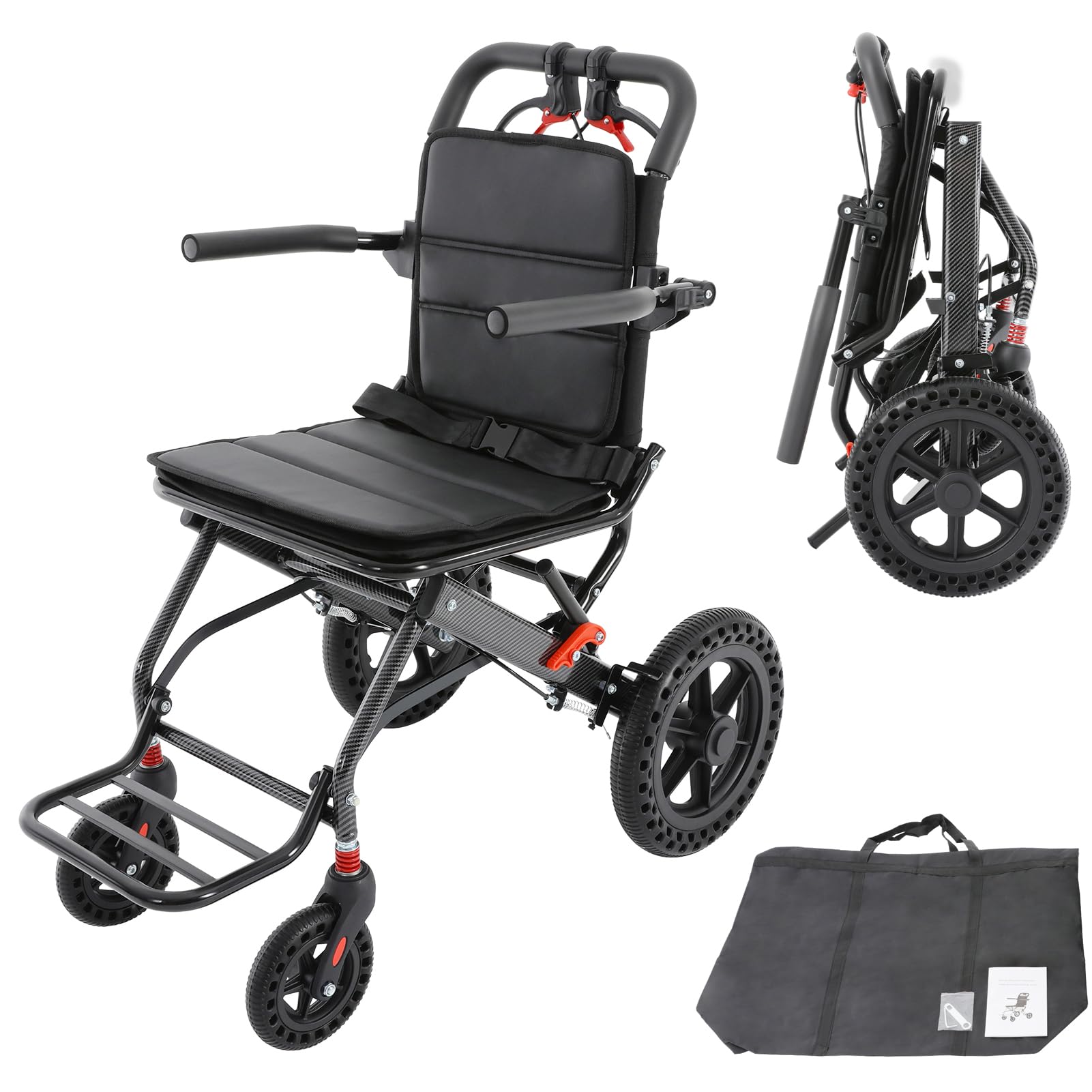 Silla de ruedas plegable de viaje, silla de ruedas de tránsito con reposapiés y reposabrazos giratorios de 270°, ligera, de aluminio, para adultos mayores, hasta 100 kg