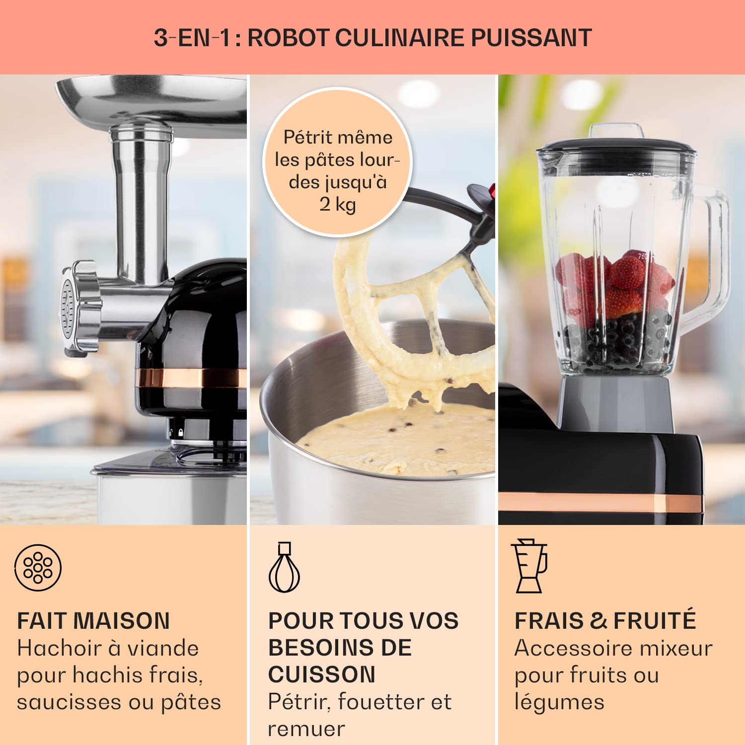 Klarstein Robot Patissier Multifonctions, Batteur sur Socle, Bol 5L, Robot Cuisine 1800W, Blender 1.5L, Multifonction Petrin Boulangerie, Hachoir à Viande, Batteur Electrique Cuisine, 6 Vitesses