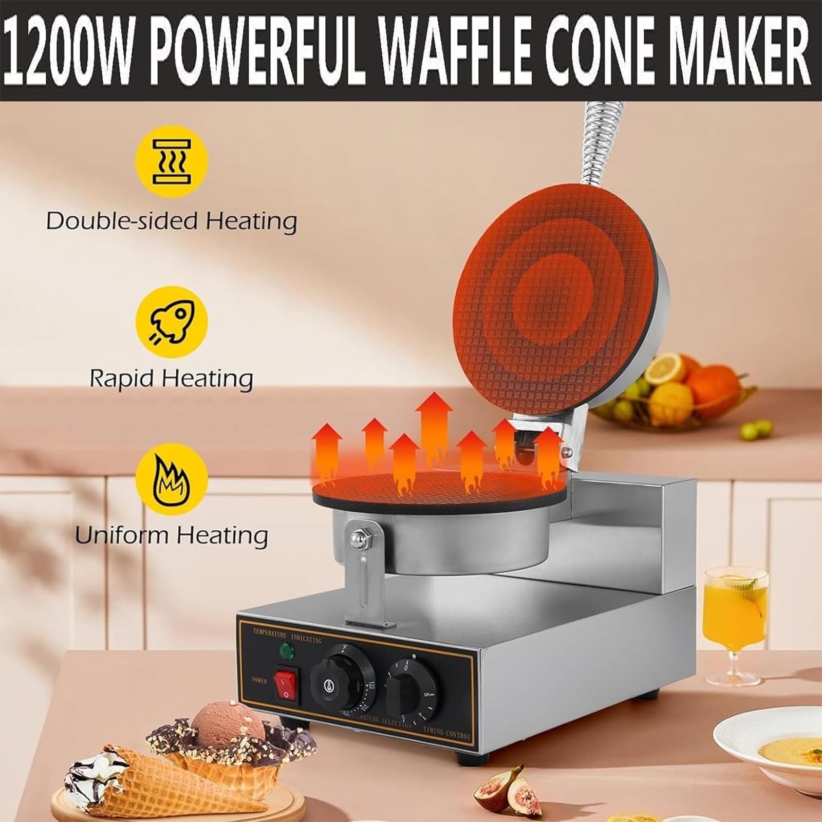 Macchina per basi per Coni Gelato, Macchina per involtini Primavera e Coni Waffle antiaderenti, Regolazione della Temperatura 50~300℃/impostazione del Tempo 0-5 Minuti/Manico Lungo,