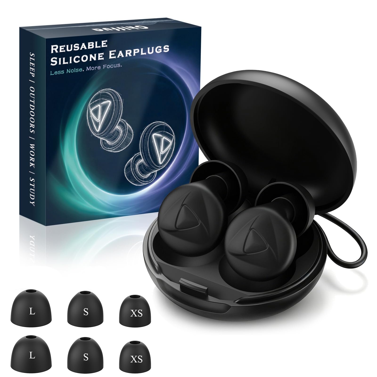 Ohrstöpsel zum Schlafen, 32 dB Gehörschutz Silikon Ohrenstöpsel in 4 Größen | 1 Paar in Schwarz, weich, wasserdicht & wiederverwendbar, mit Aufbewahrungsbox, XS/S/M/L – für Konzert, Arbeit, Flugzeug usw