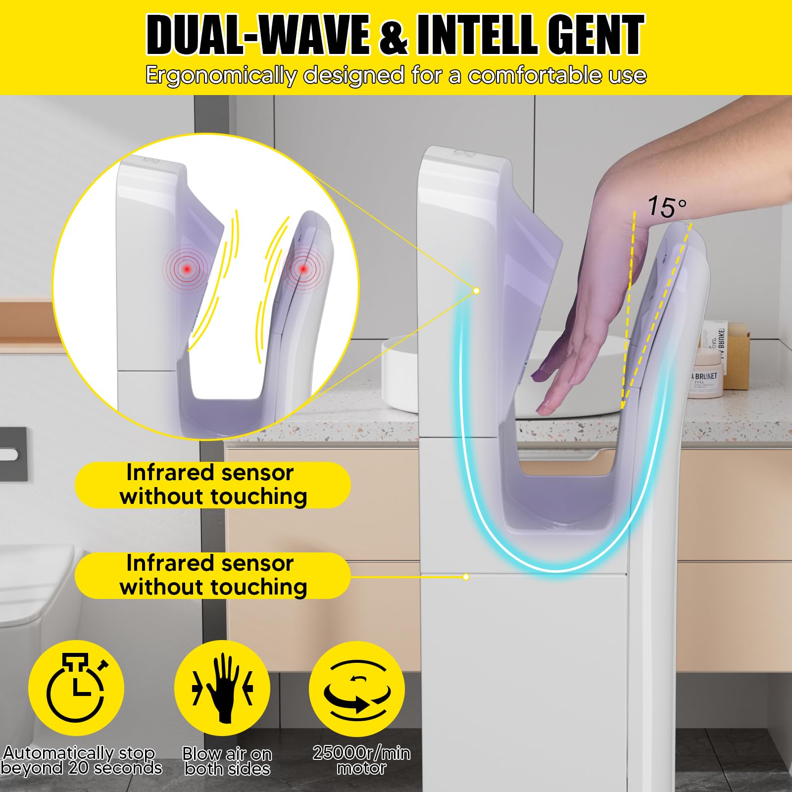 VELPAX 2000W sèche-Mains,sèche-Mains électrique Commercial,avec AEPH Filtre,10-12 Secondes pour sécher,Convient aux salles de Bains publiques, aux Cuisines et aux Bureaux