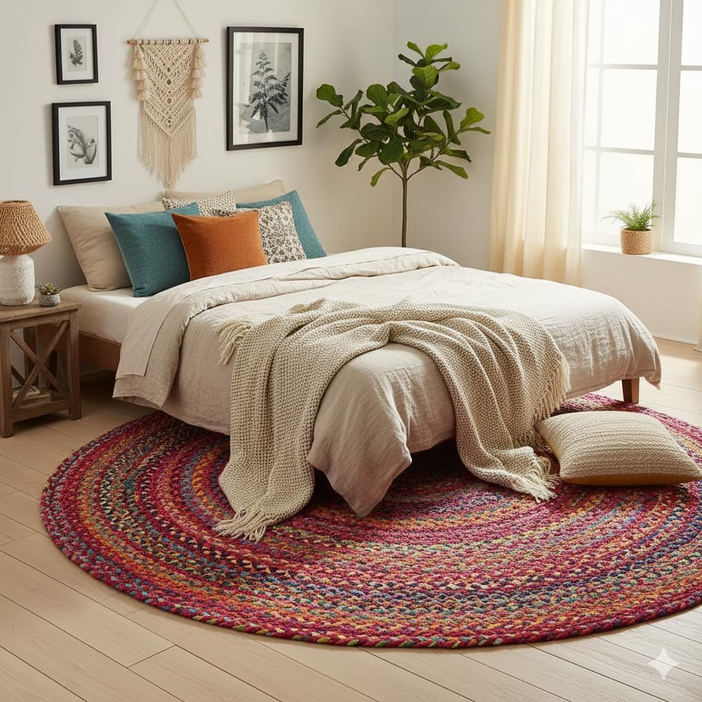 Handwoven Round Cotton Chindi 5' Round Circle Area Rug, Multicolor Braided Design