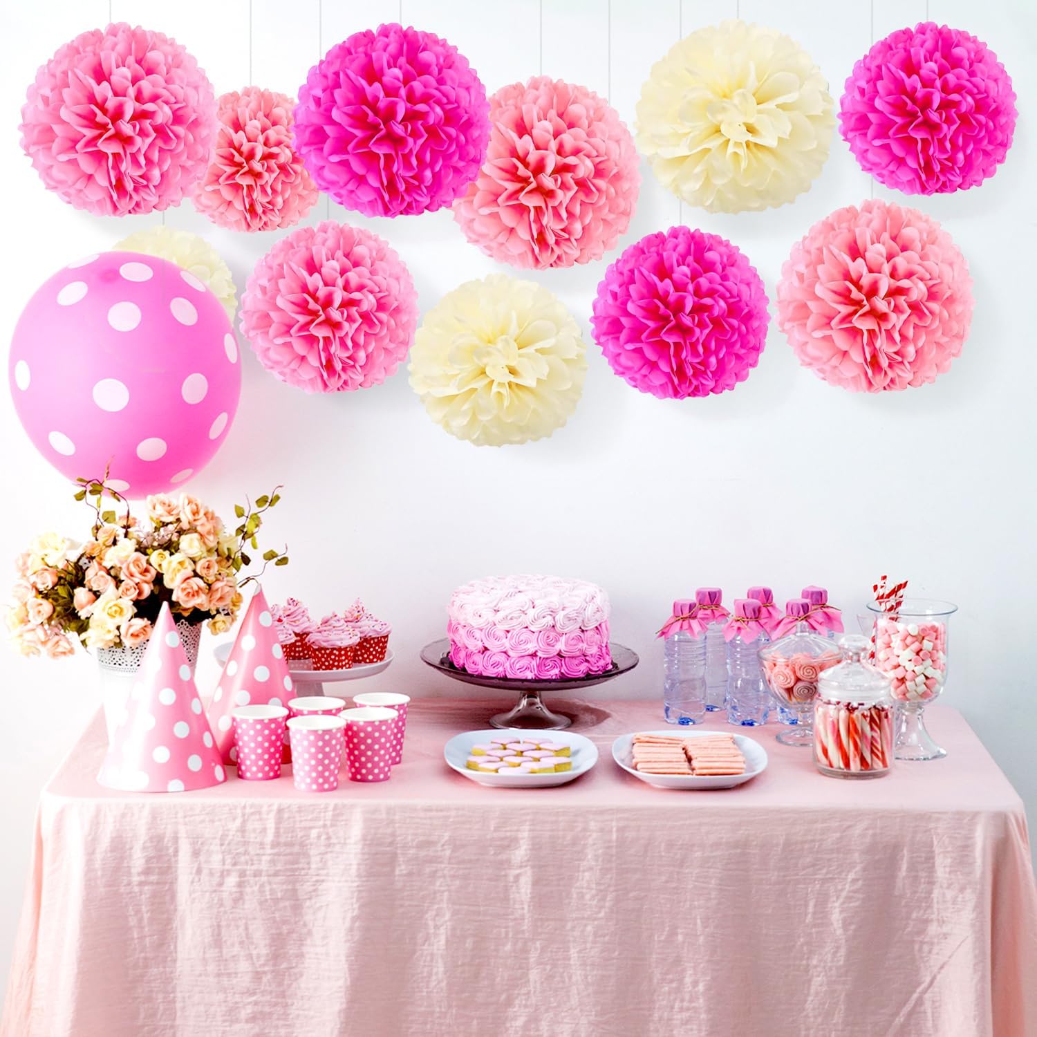 20 Pcs Pink Party Decorations Pink Tissue Paper Pom Poms Flower Handmade Pink Pom Pom Decorations for Weddings, Baby Showers, Birthdays, Fall Celebrations, Garden Parties, Christmas