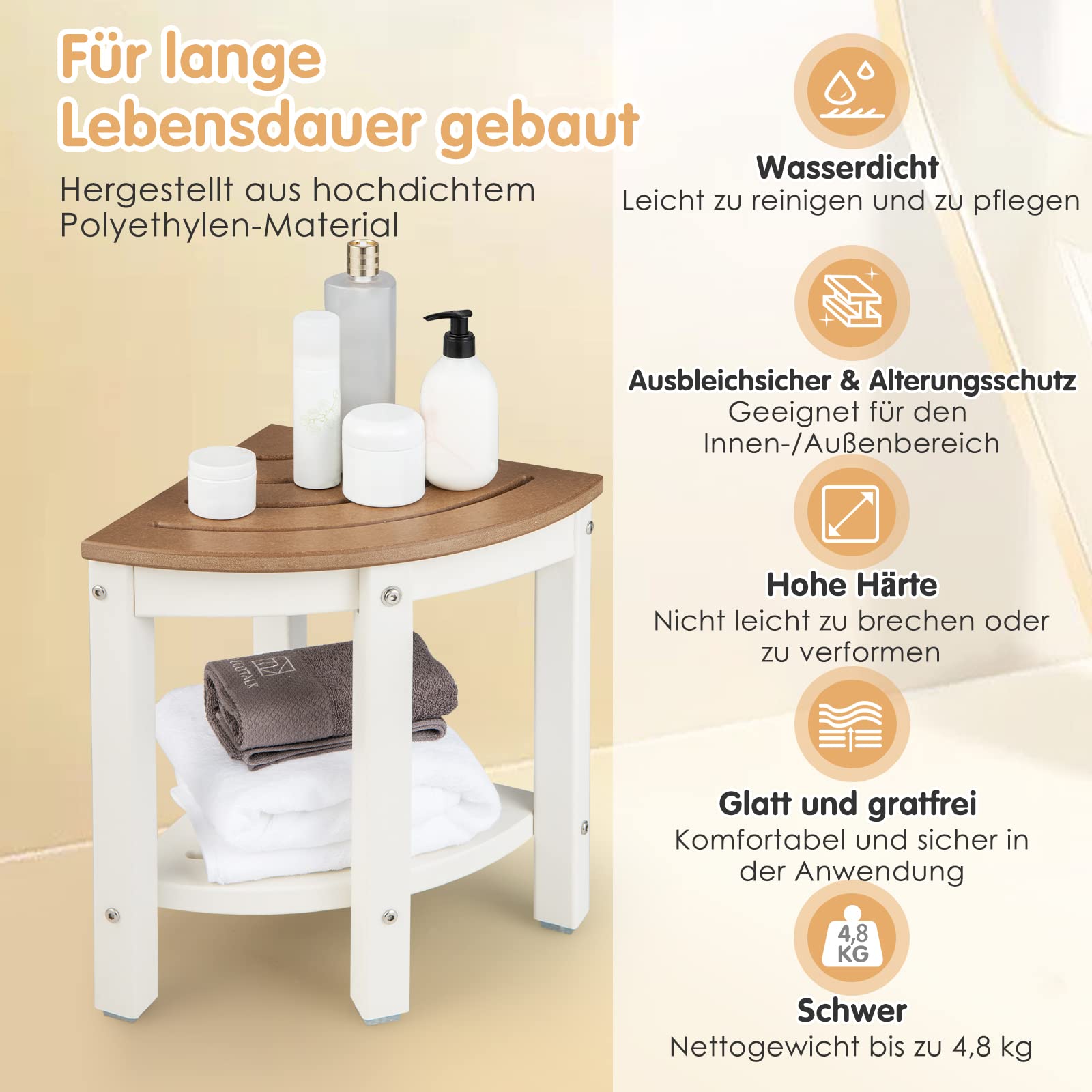 COSTWAY Duschbank Bad, Sitzbank mit Ablage, Badhocker Fächerförm, bis 165 kg belastbar, Badezimmerbank Duschstuhl, Eck-Duschhocker Braun+Weiß, 32,5x32,5x43,5 cm