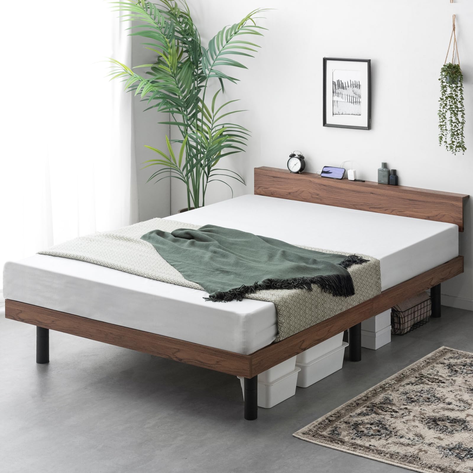 Amazon｜タンスのゲン ベッド 単品 セミダブル 宮棚付き 2口