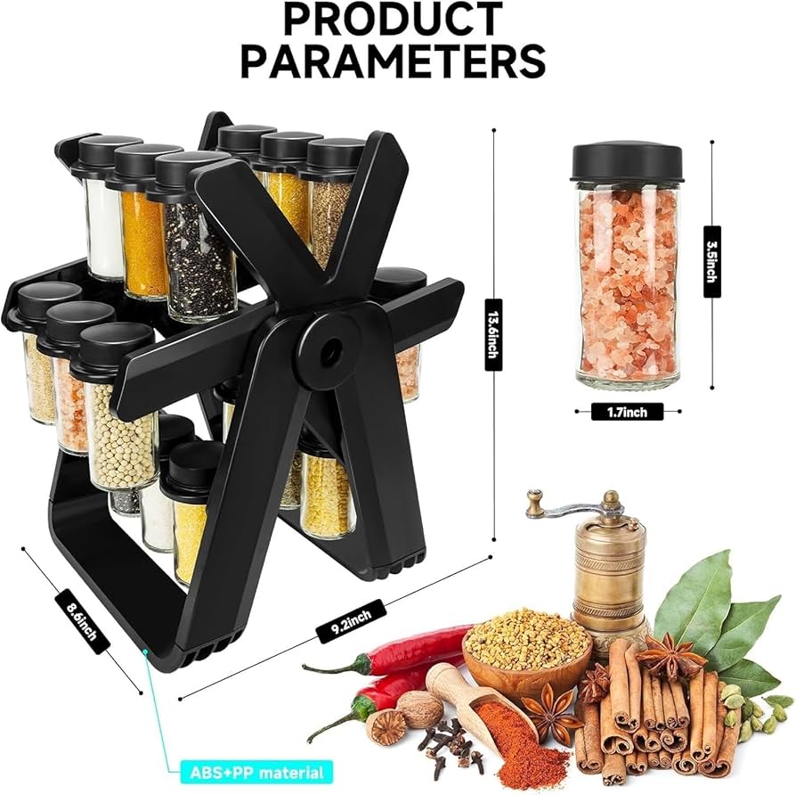 Ferris wheel spice rack with glass jars close-up