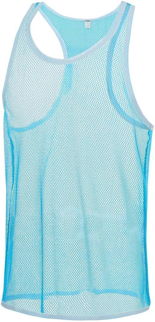 Mens Mesh Sparkly Tank Top See Through Sheer Fishnet Vest Crewneck Sleeveless Muscle Shirts