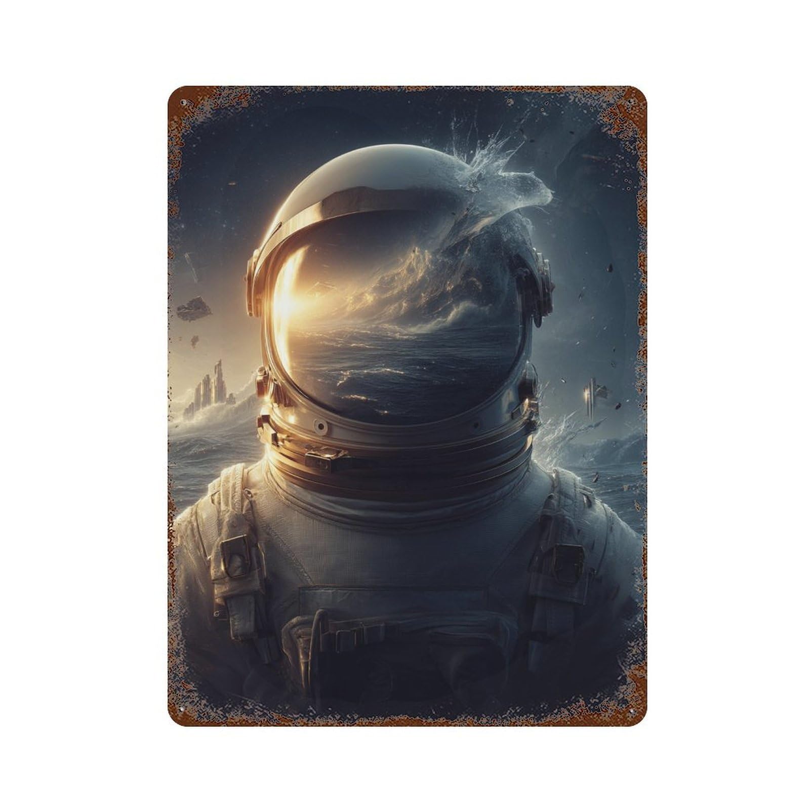 Garage Style Space Astronaut Helmet Reflection Decorative Tin Sign 15.7"x11.8", Novelty Wall Decor for Bar And Workshop