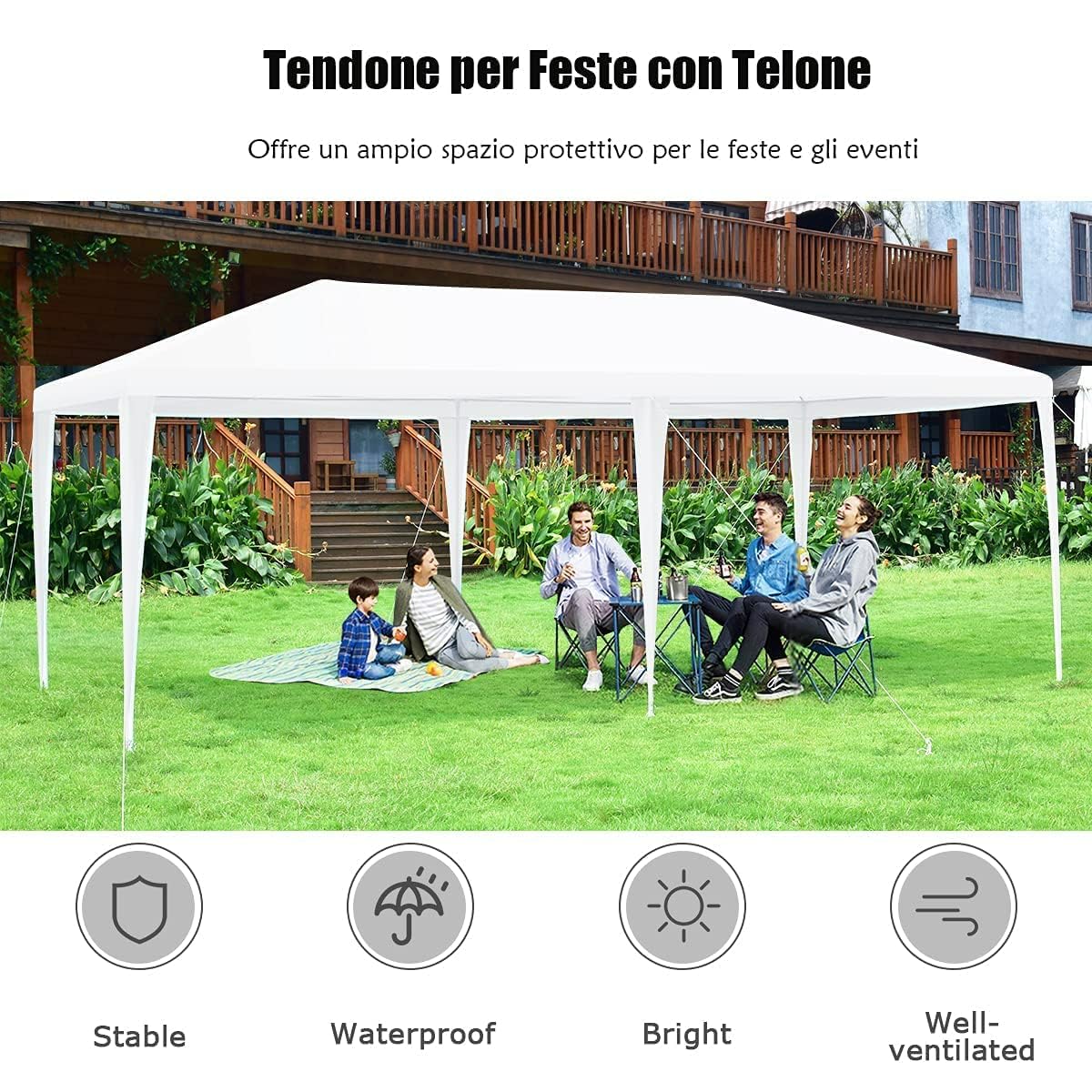 RELAX4LIFE Gazebo da Giardino 3X6M/3X9M per a 2/3 Stanze, in Tessuto PE Antistrappo e Impermeabile con 0/4/6/5/8 Pannelli Laterali Rimovibili (3X6M-4 Pannelli Laterali)