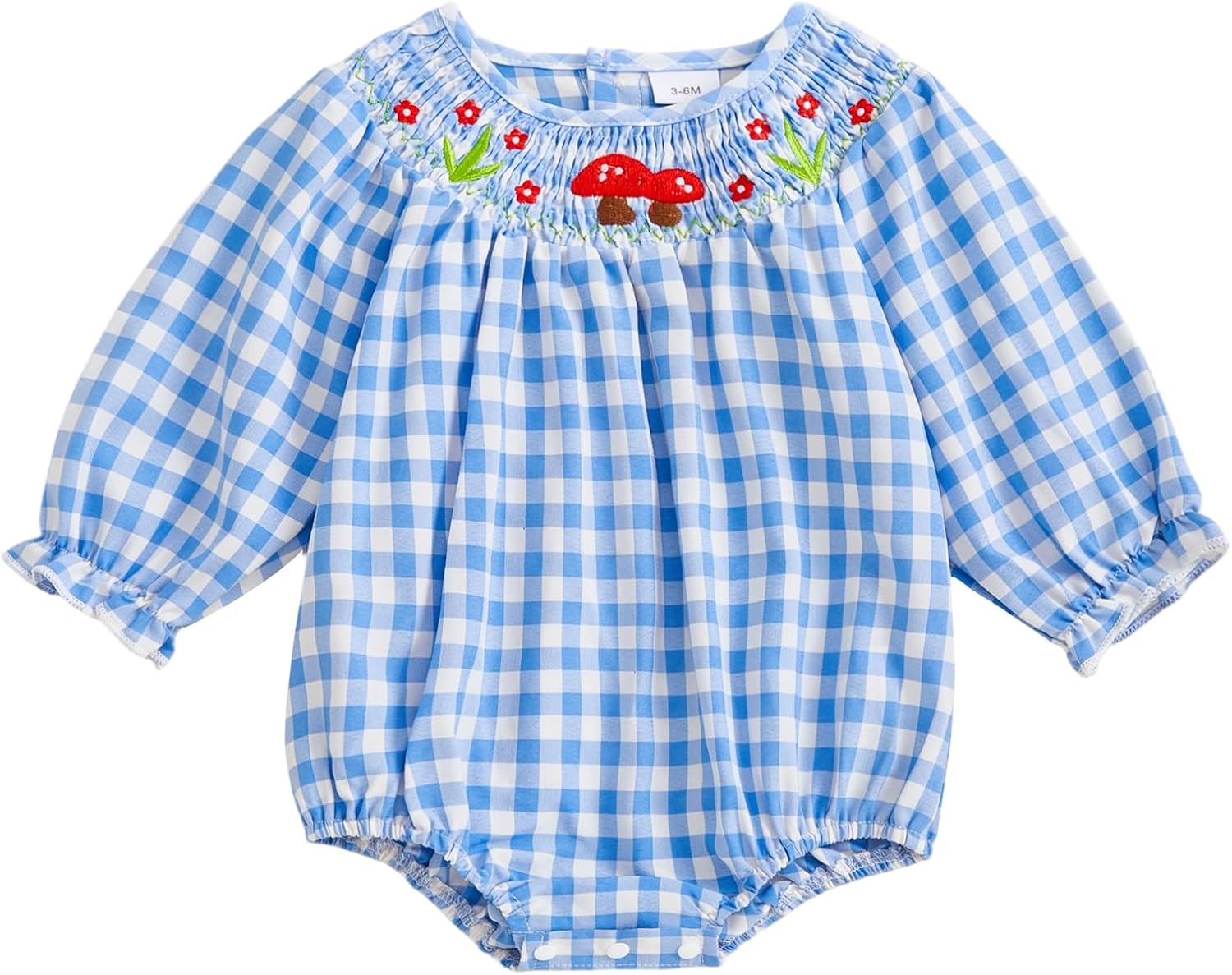 Infant Girls Smocked Mushroom Romper Long Sleeve Embroidery Flower Gingham Bodysuit Tops Newborn Baby Fall Clothes