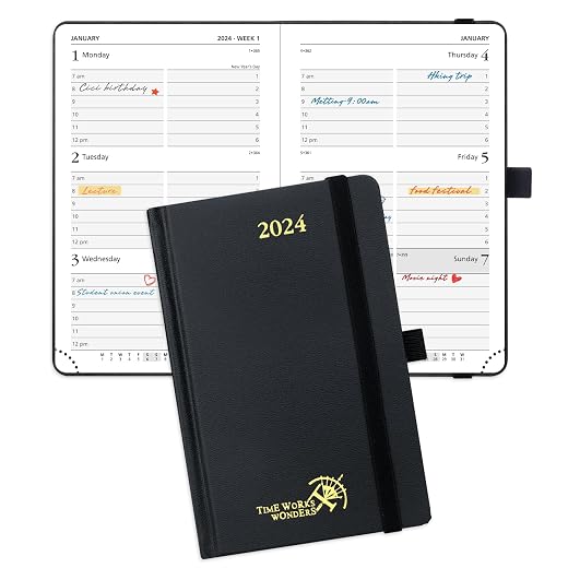 POPRUN 2024 Planner Pocket Size 4''x 6.25'' - Small Calendar for Purse with Hourly Schedule & Vertical Weekly Layout, Monthly Calendars, Hardcover - Black