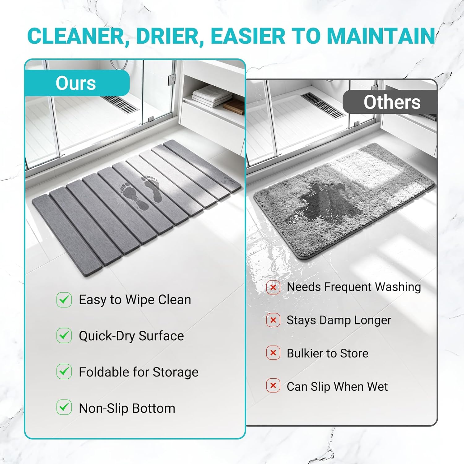 Foldable Stone Bath Mat 23.6” x 15.3” – Diatomaceous Earth Shower Mat, Super Absorbent Quick Drying, Non-Slip Diatomite Bathroom Mat for Floor, Dish Drying Mat for Kitchen, Light Grey