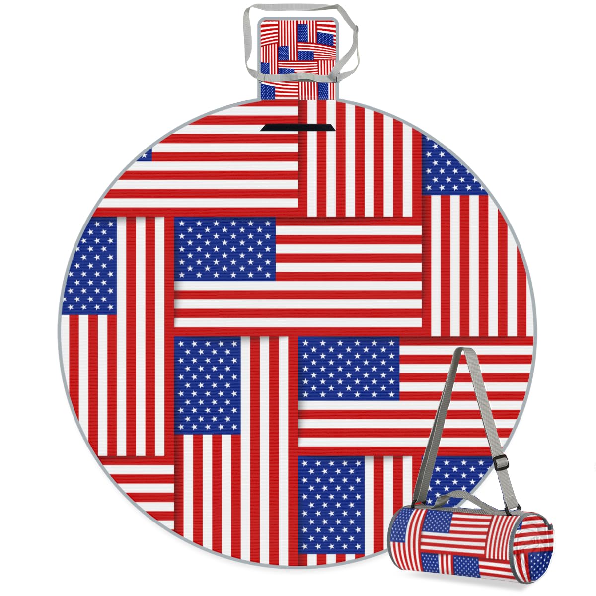 Shimoshe American Flag Patchwork Picnic Outdoor Blanket Foldable Waterproof Sandproof Beach Blanket Portable Water-Resistant Round Picnic Mat for Travel Camping Park Lawn