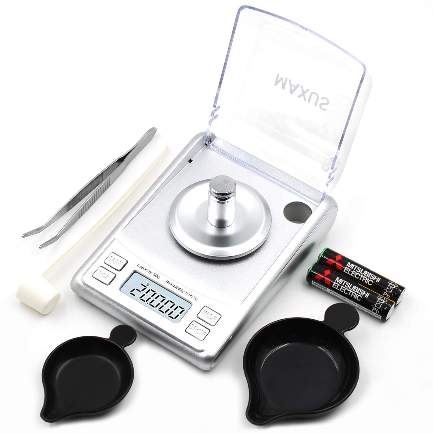 MAXUS Dante Digital Milligram Scale 50g/0.001g, Includes a 20g Calibration Weight, a Scoop, a Powder Pan and Tweezers, in Silver