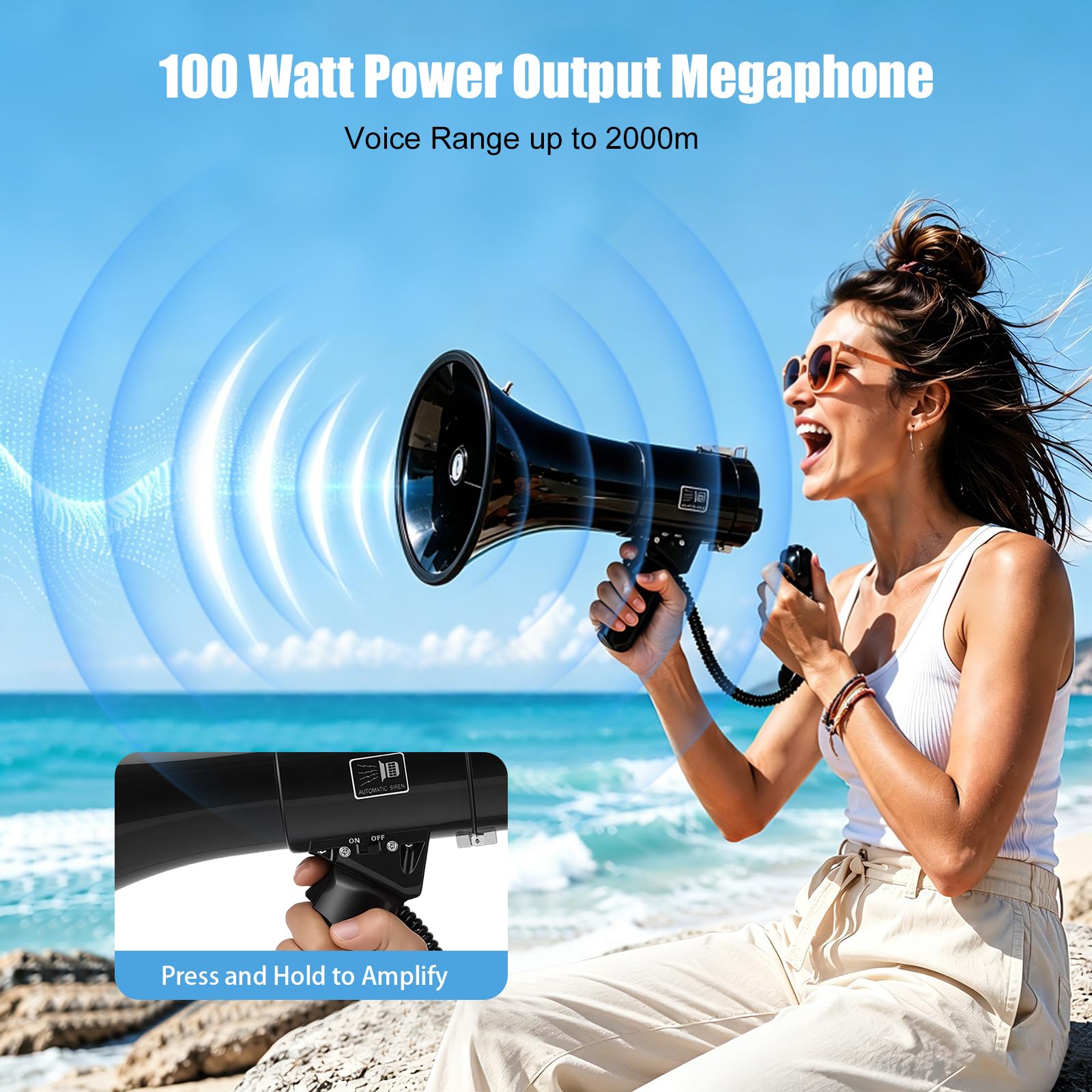 Megáfono portátil de 100 W con micrófono extraíble, Bluetooth, grabación USB, batería de 4800 mAh, alcance de 2000 m, 3 fuentes de alimentación, correa para el hombro para eventos, mercado, avisos de