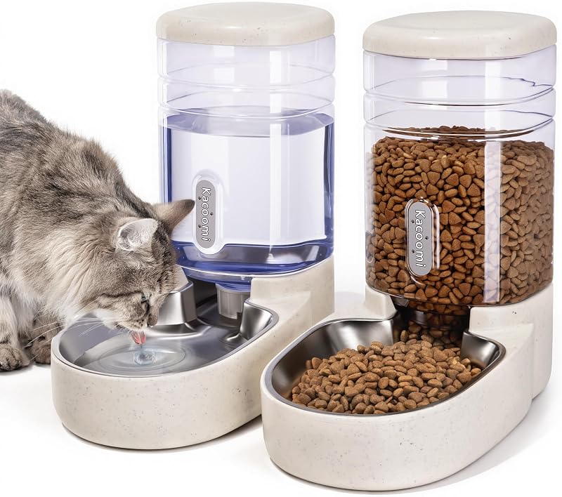Comedouro e Bebedouro Automáticos para Gatos com Tigela de Aço Inoxidável Kacoomi, 3,8 L, Bege – Pacote com 2
