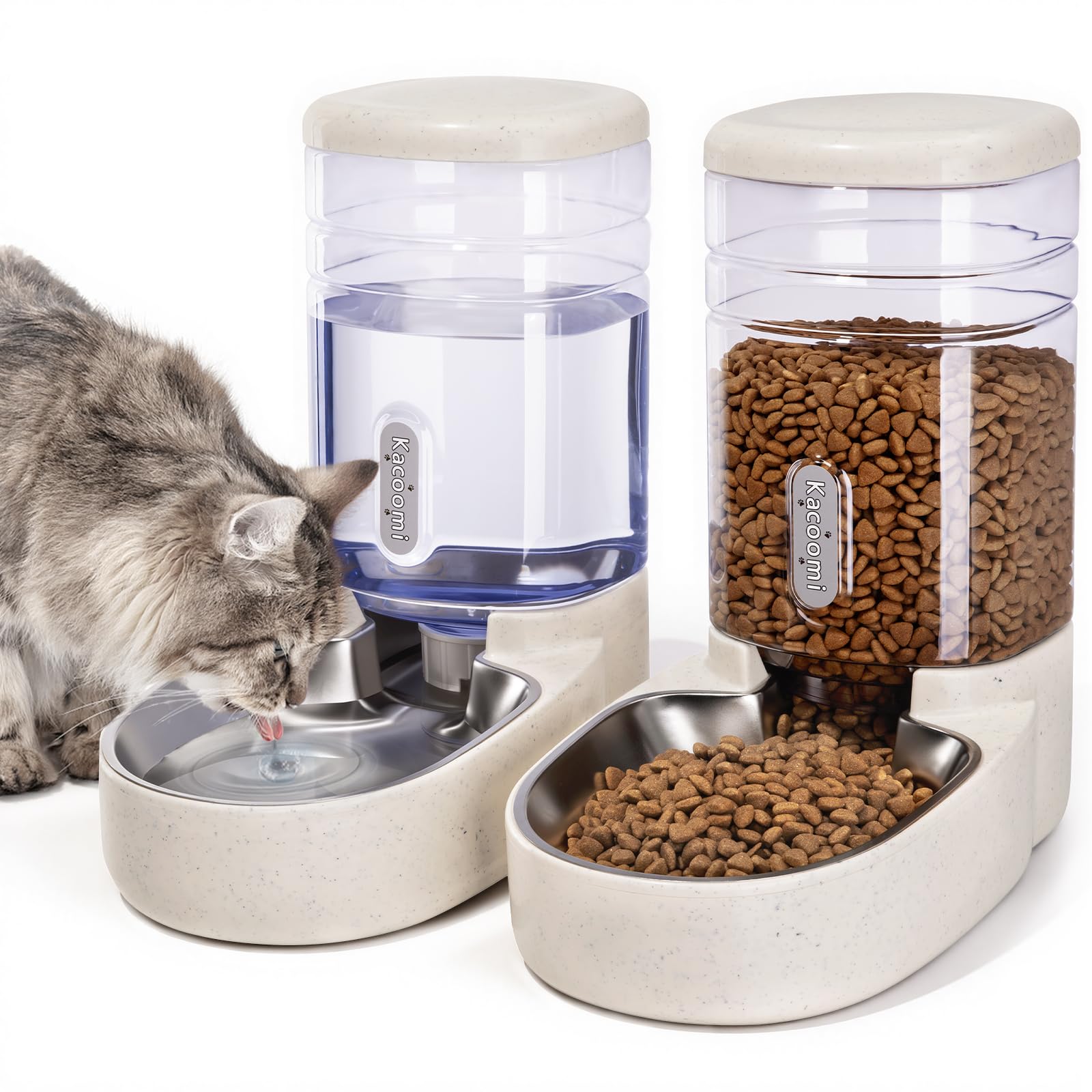 Photo 1 of Automatic Cat Feeder and Water Dispenser with Stainless Steel Bowl Gravity Food Feeder and Waterer Set for Small Medium Dog Puppy Kitten 1 Gallon x 2(Beige)