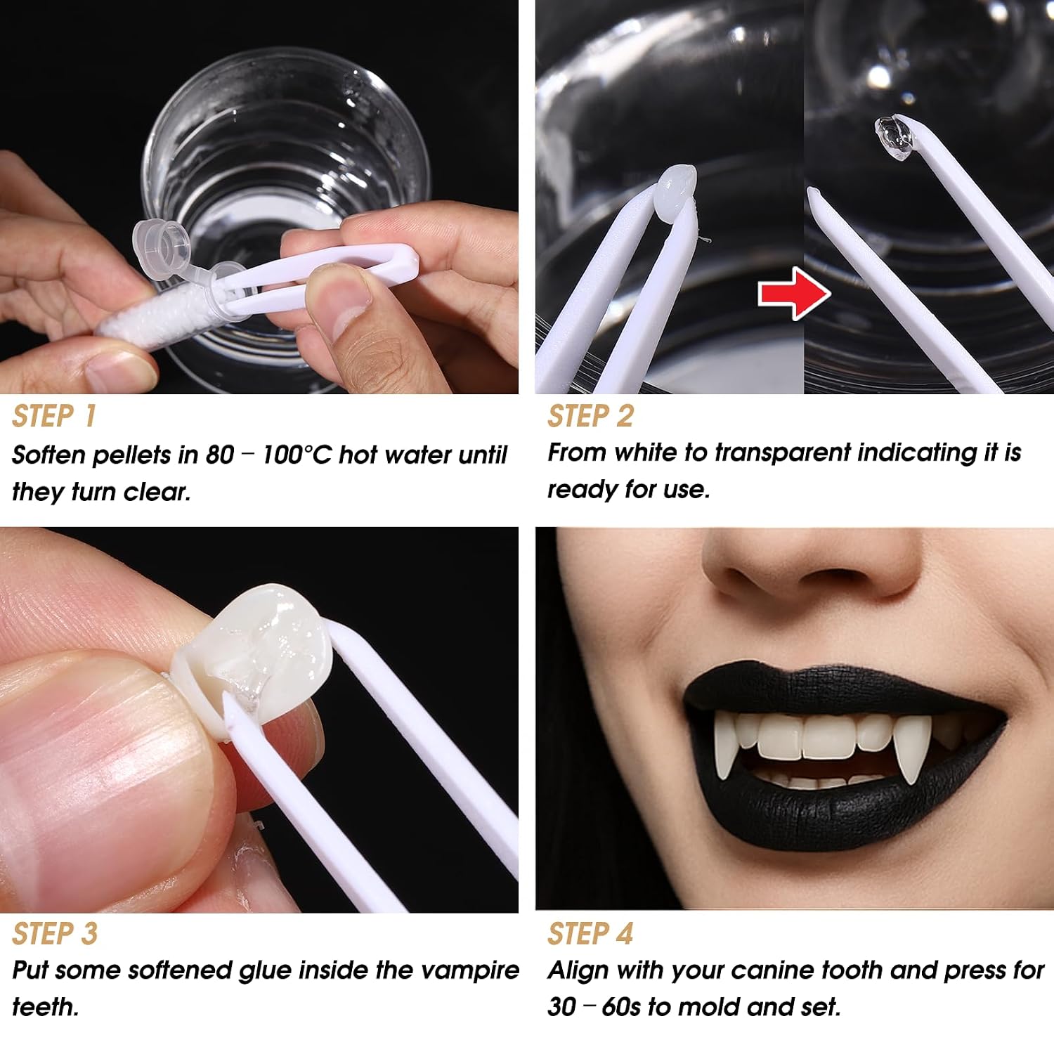 BOBISUKA Halloween Vampire Makeup Kit with Dark Fake Blood, Black Lipstick, 3 Pairs Vampire Teeth, Horror Cosplay Costume Accessories for Halloween, Vampire, Party image 4
