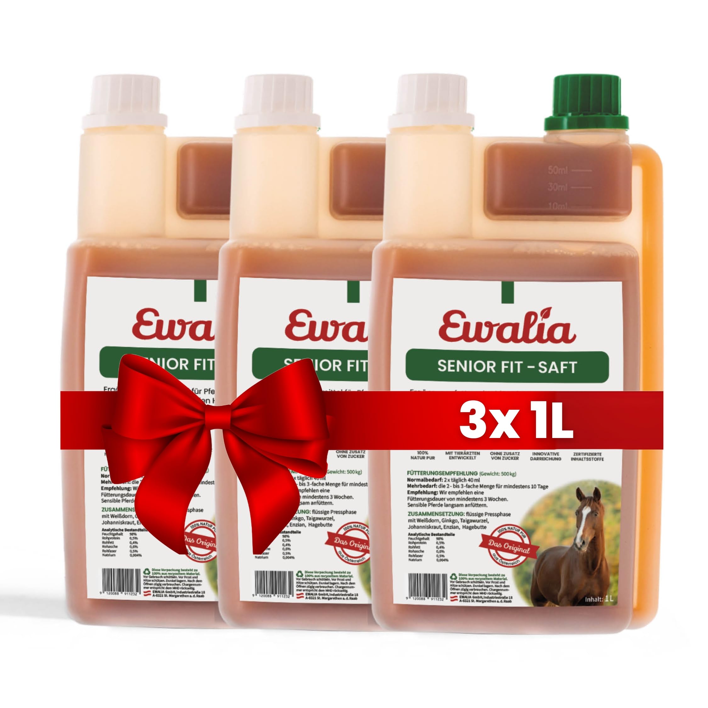 NEU! EWALIA Senior Fit-Saft: Natürliche Vitalitäts- und Stoffwechselunterstützung für ältere Pferde, mit Tierärzten entwickelt, 100% Natur pur, frei von Zusätzen - 3x1 Liter
