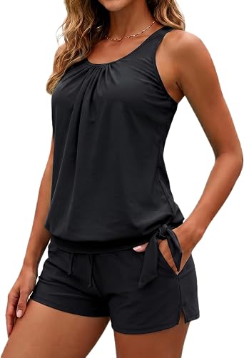 Womens Blouson Tankini Swimsuit with Shorts Tummy Control Bathing Suit