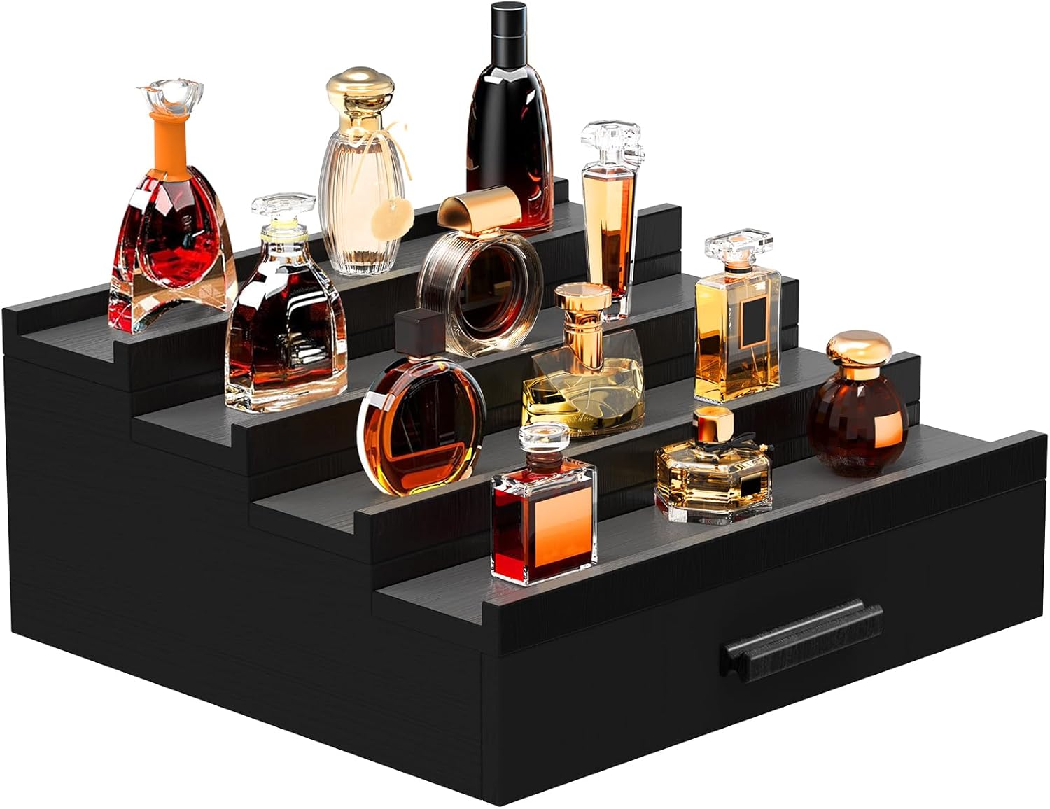 Zalida Wooden Cologne Organizer for Men 4 Tier of Perfume Display Holder of Drawer & 2 Hidden Compartments Larger Storage Space Mens Perfume Organizer Shelf Stand,Gift for Man (4T-Black)