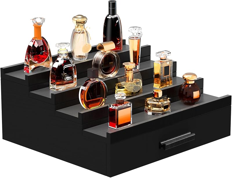 Organizador de perfumes Zaldia em madeira com 4 níveis, gaveta e compartimentos ocultos, 1 unidade