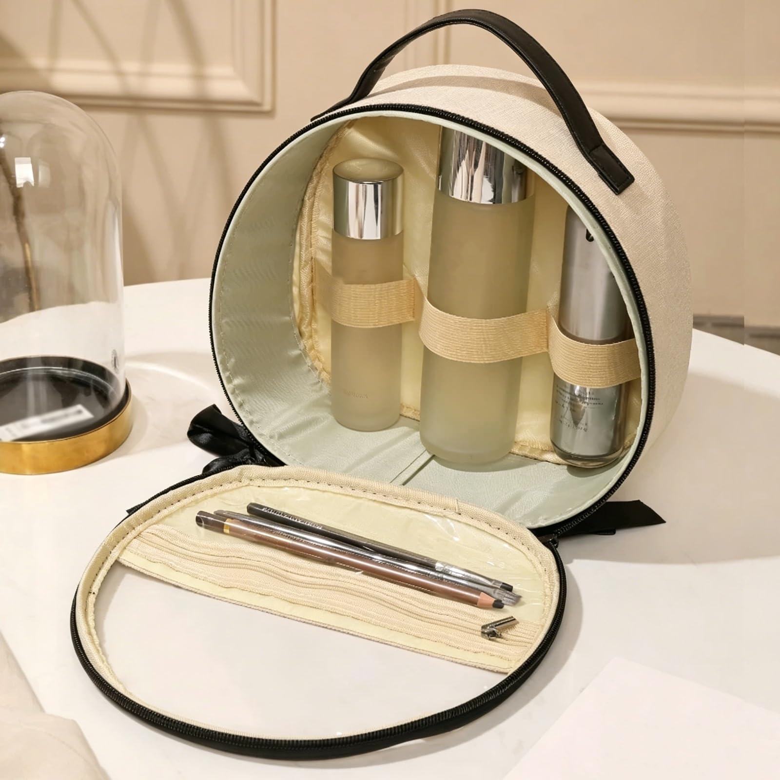 Borse da Valigia Trasparente, Beauty Case da Viaggio, Buste Trasparenti per Cosmetici Fiocco, Lusso Leggero Semplicità, Guscio Rigido 3D, Lavorazione Squisita, Benda Integrata(Black)