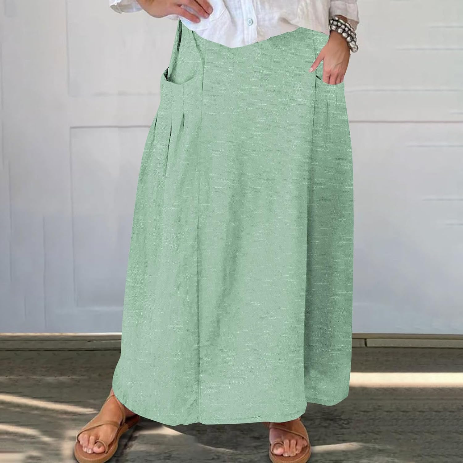 Women's Bohemian Skirts Solid Plus Size Loose Comfy Skirt Casual Dress Skirts High Waist Long Skirt with Pockets