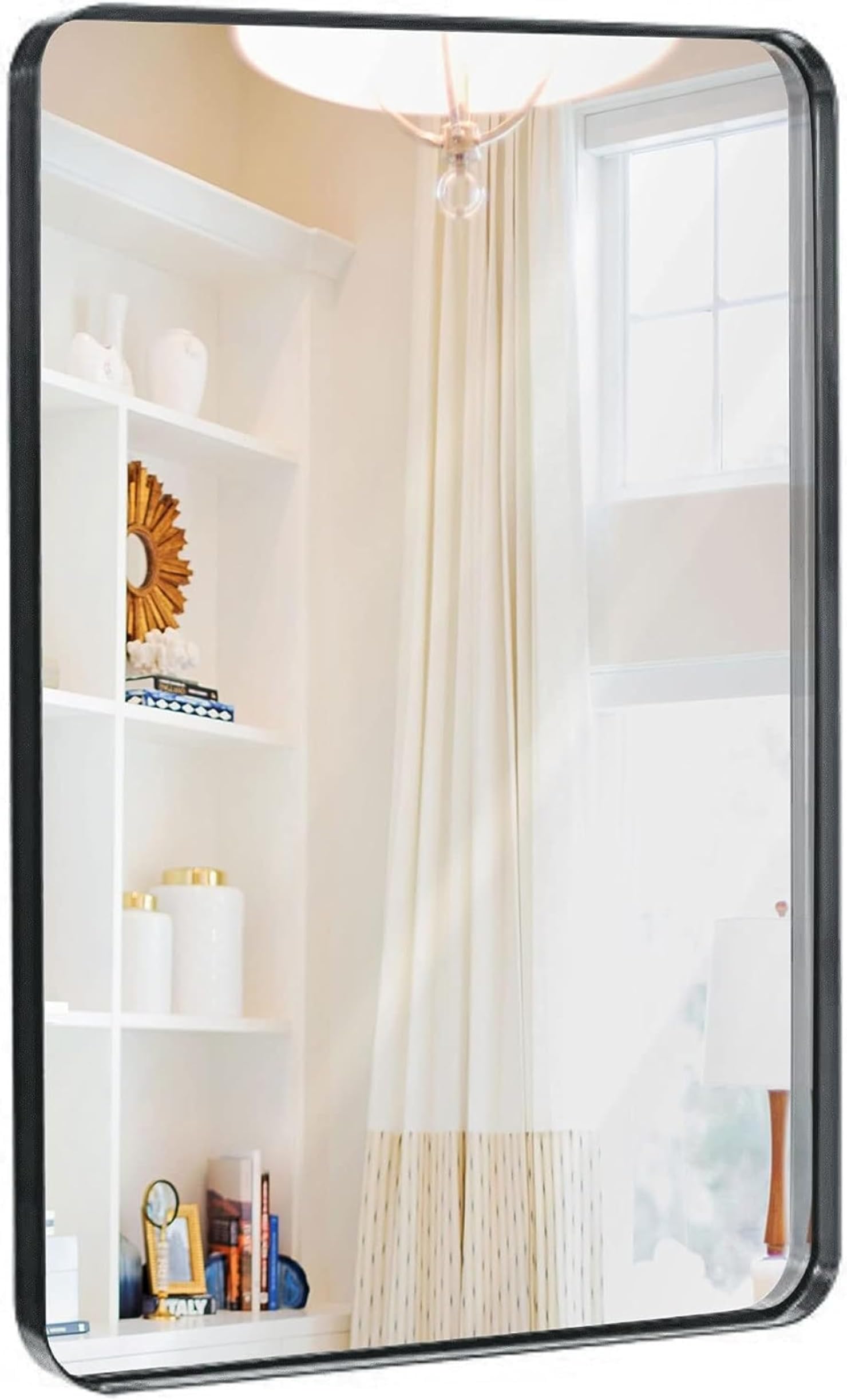 Hamilton Hills 24" x 36" Contemporary Metal Silver Framed Polished Rectangular Wall Mirror | Glass Panel Rounded Corner Deep Set Design |Bedroom, Bathroom Mirrored Hangs Horizontal or Vertical