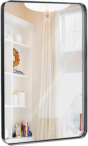 Hamilton Hills - Espejo de pared de metal cepillado contemporáneo  Panel de cristal negro enmarcado con esquina redondeada y diseño profundo