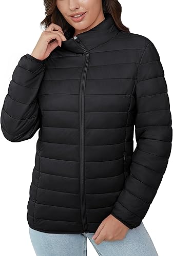 Miniatura 7 de MAGCOMSEN Chaqueta acolchada ligera para mujer, con 4 bolsillos, con cremallera, cuello alto, forro polar de invierno