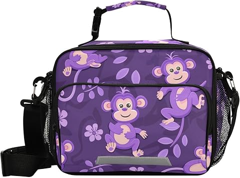 Cartoon Monkey Purple Large Lunch Bag Crossbody Insulated Lunch Cooler Bag with Shoulder Strap Nurse Kitchen
