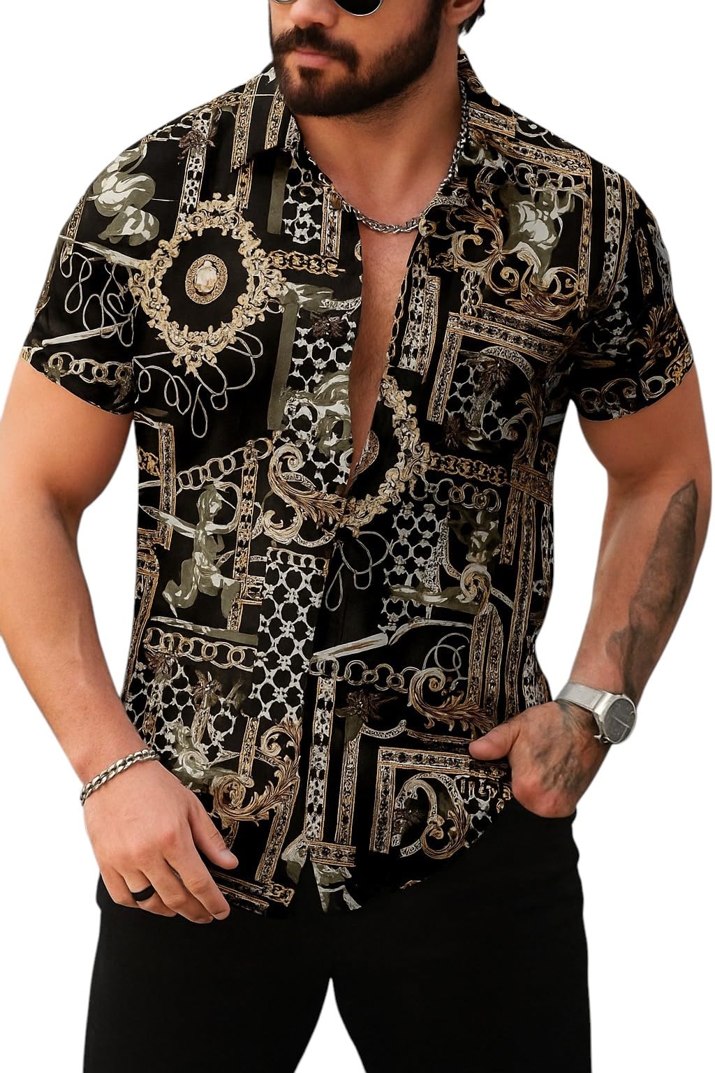 uiriuy Men's Stylish Printed Shirts | Urban Baroque & Tribal Patterns | Casual Slim Fit Short Sleeve Shirt-picture-39