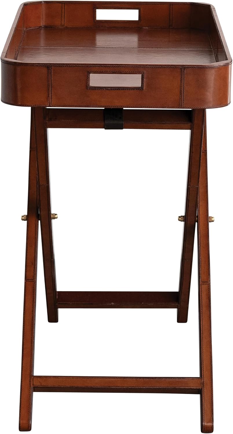 Creative Co-Op Decorative Wood and Leather Folding Tray Table with Handles and Removable Tray, Cognac Color