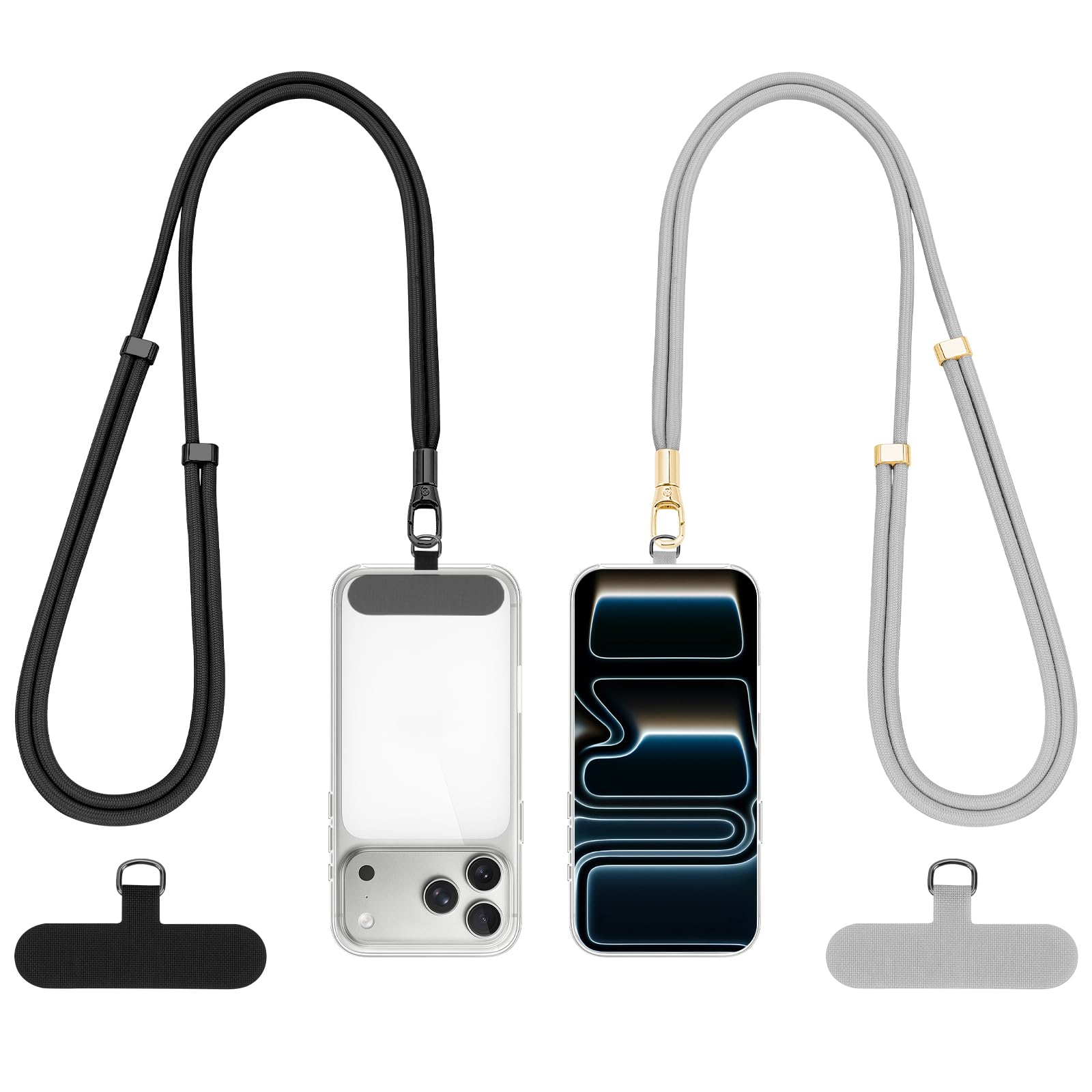 Dadanism Unisex Black + Silver Gray Phone Lanyard 2 Pack, 2X Adjustable Crossbody Phone Strap, 2X Tether Tab, Anti-Theft Universal Cellphone Multifuctional Patch Lanyards For Iphone & Most Smartphones,