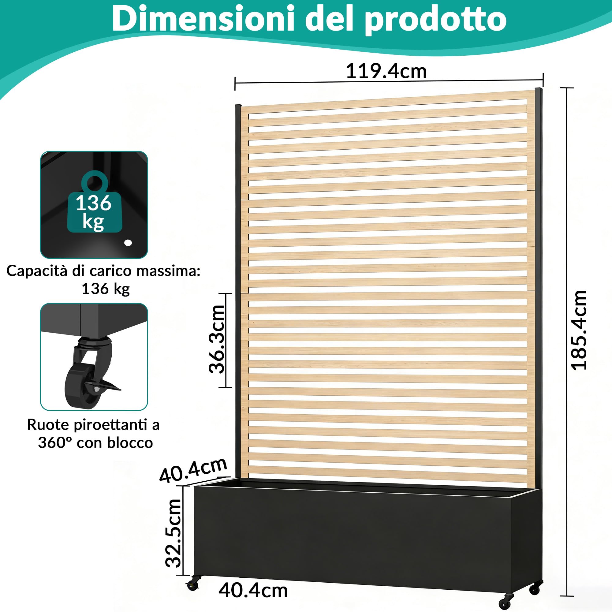 Fioriera da esterno in metallo con traliccio, aiuola rialzata in metallo con ruote, fioriera da esterno indipendente con schermo per la privacy, per fiori, verdure in giardino, patio, balcone