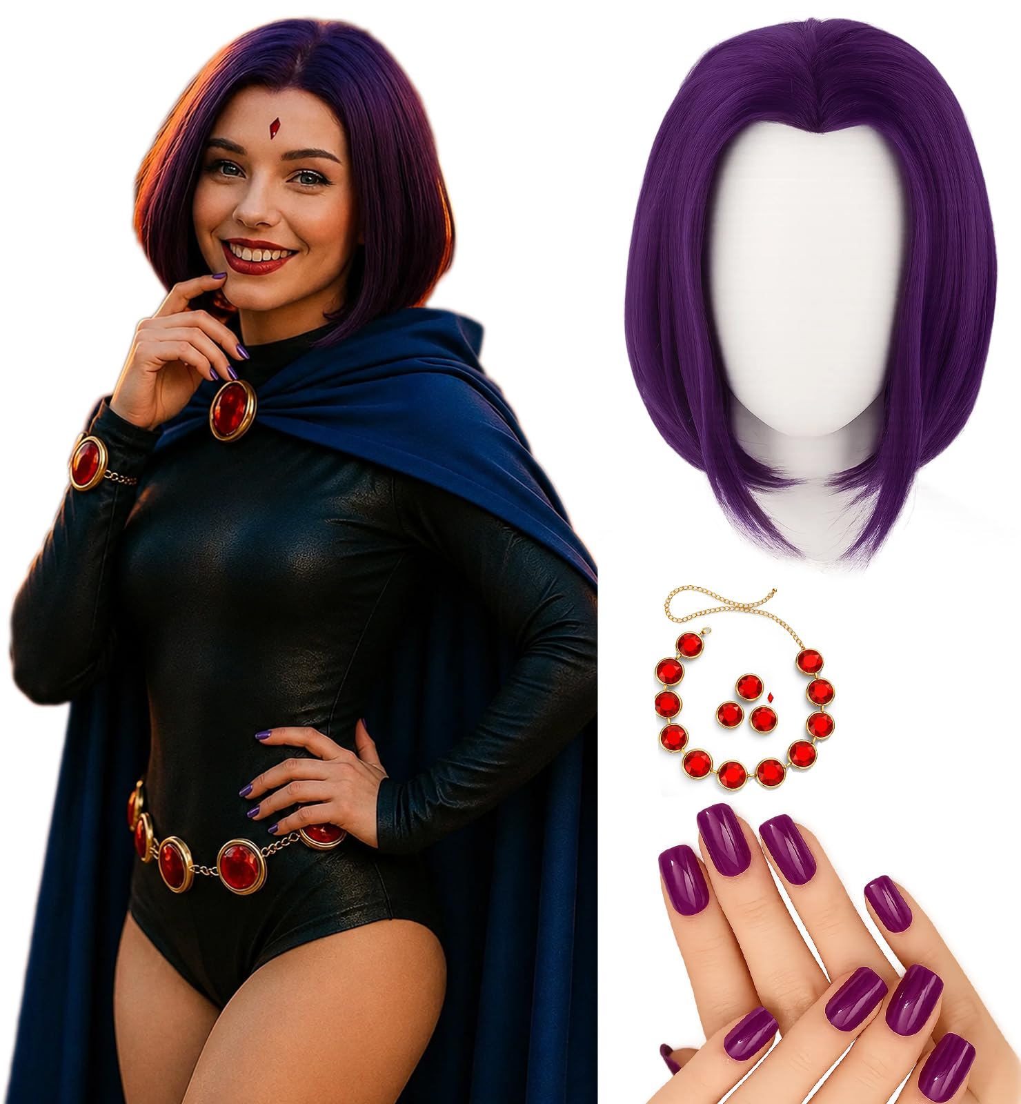 Swooflia Purple Bob Wig for Women & Cosplay Accessories - Convenient Set Includes Adjustable Wig Cap, Necklace, Earings, Nails, Cosplay Wig for Halloween, Costume, Party and Daily Use (215)