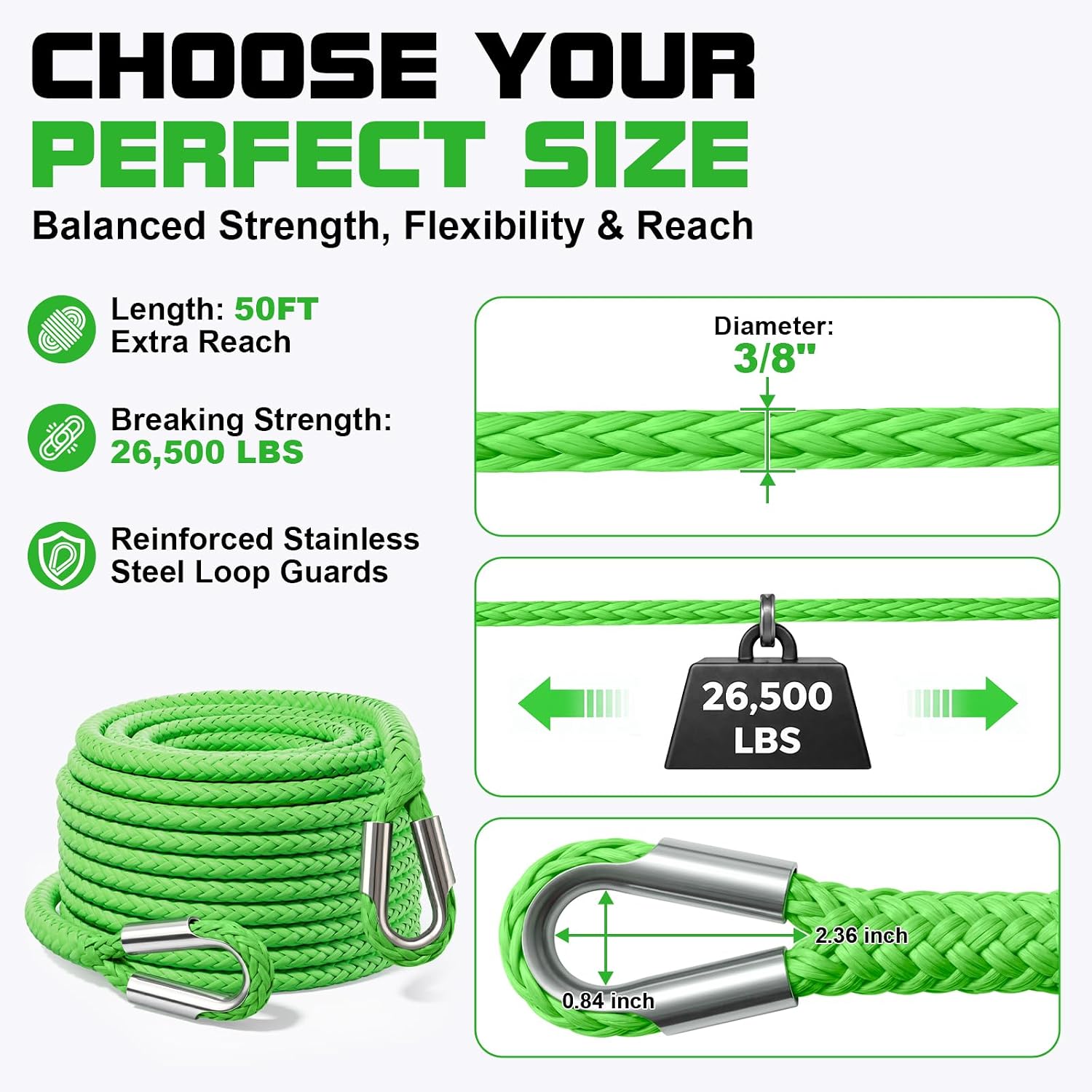 Synthetic Winch Rope Extension - 3/8" x 50ft 27000 lbs Heavy Duty Extension Winch Line Cable Replacement for ATV UTV Off Road Vehicle Jeep Truck - Green