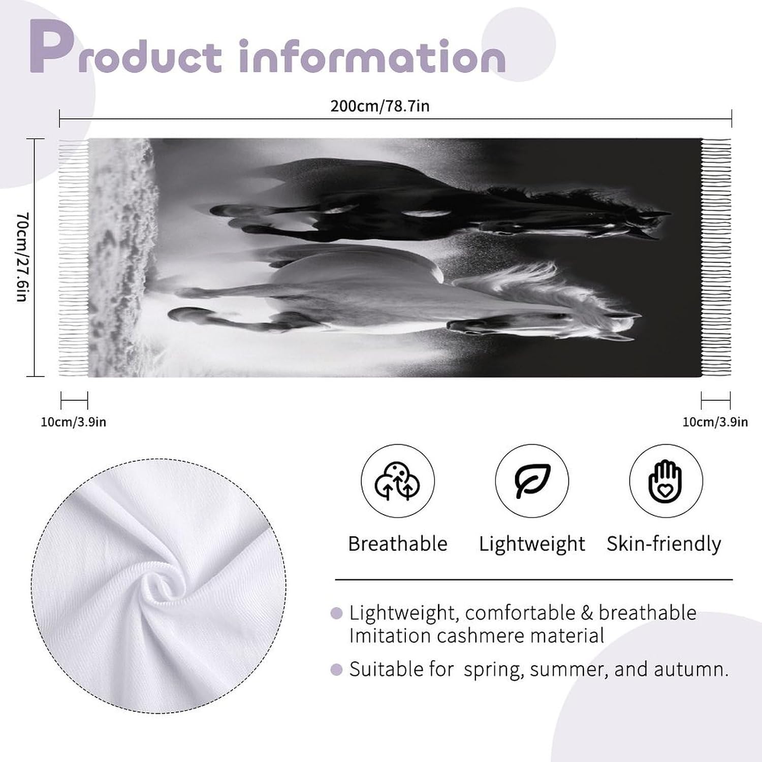 Black And White Horses Running Winter Scarf for Women Soft Tassel Scarves Oversized Wraps Long Shawl Cold Weather Thick Blanket Scarfs
