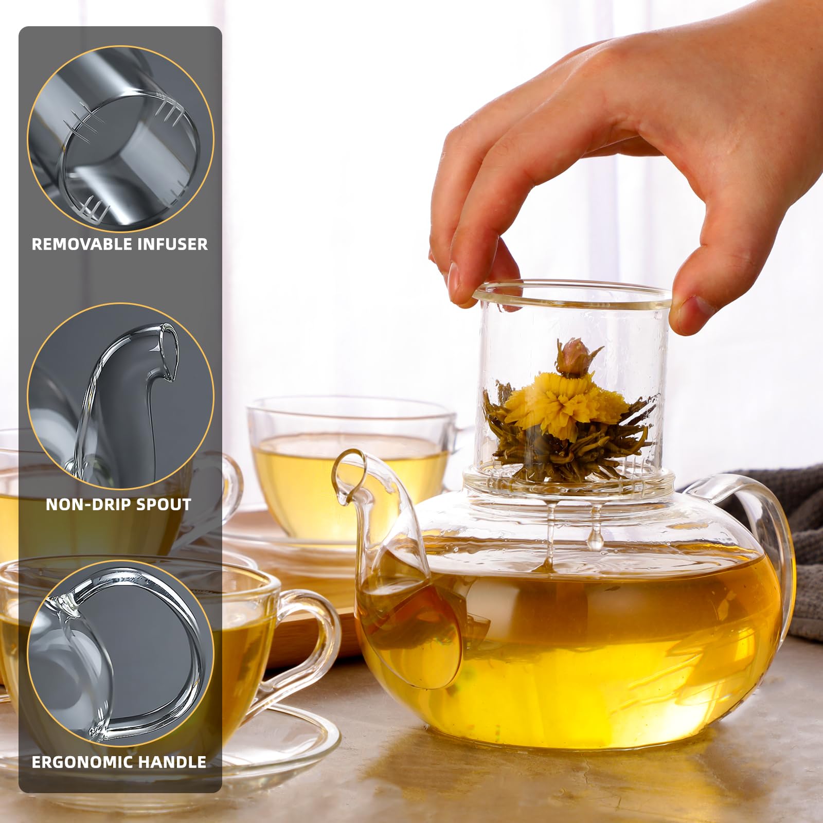 Glas-Teekannen-Set, 1200 ml, herdsicherer Glas-Teekessel mit herausnehmbarem Teesieb und Stövchen, Teetassen und Untertassen, 4er-Set, blühender Tee und lose Blätter, Teebereiter-Set für Frauen